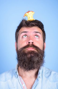 Canlı hedef kavramı. Adam yakışıklı hipster uzun sakal neredeyse kafasına elma güdük hedef olarak yem. Hipster sürpriz elma güdük hedef üzerinde kafa mavi arka plan, yüz kadar yakın. Kilo kaybı gol