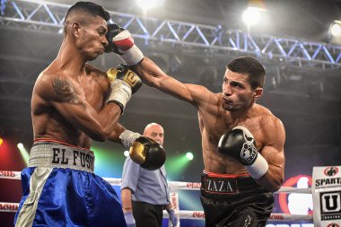 Kiev, Ukrayna - 16 Eylül 2017: Sparta boks Haritayı dahil altı sıralaması mücadele. Milli Güvenlik'Olimpiyskiy, Kiev, Ukrayna sıralaması için kavga sırasında halka tanımlanamayan bir boksörler