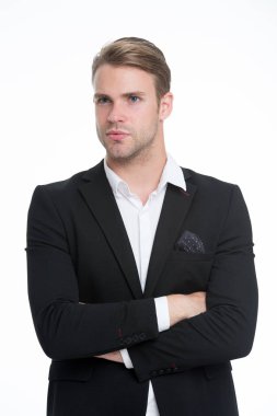 O tarzıdır. Bakımlı açılarak beyaz yakalı izole şık resmi elbise beyaz arka plan adamım. Maço emin mükemmel kıyafeti mendil cebinde. Adam office çalışan yakışıklı şık kıyafet