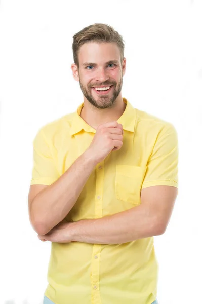 Encantado de ayudarle. Hombre sonriente rostro posando con confianza listo para ayudar fondo blanco. Un tipo con cerdas contento de ayudarte en la tienda. Hombre consultor tienda se ve alegre confiado y hospitalario — Foto de Stock