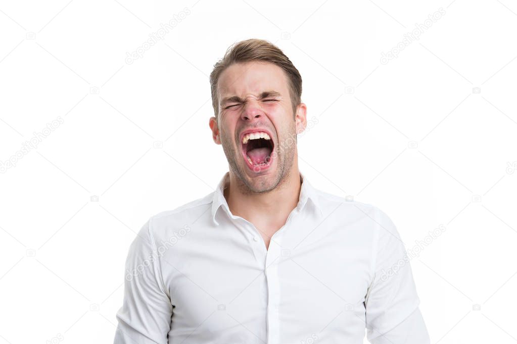 Emotional explosion. Man shouting face formal shirt white background. Man scream or yawn keep eyes closed. Guy with opened mouth yawns or shouting aggressively copy space
