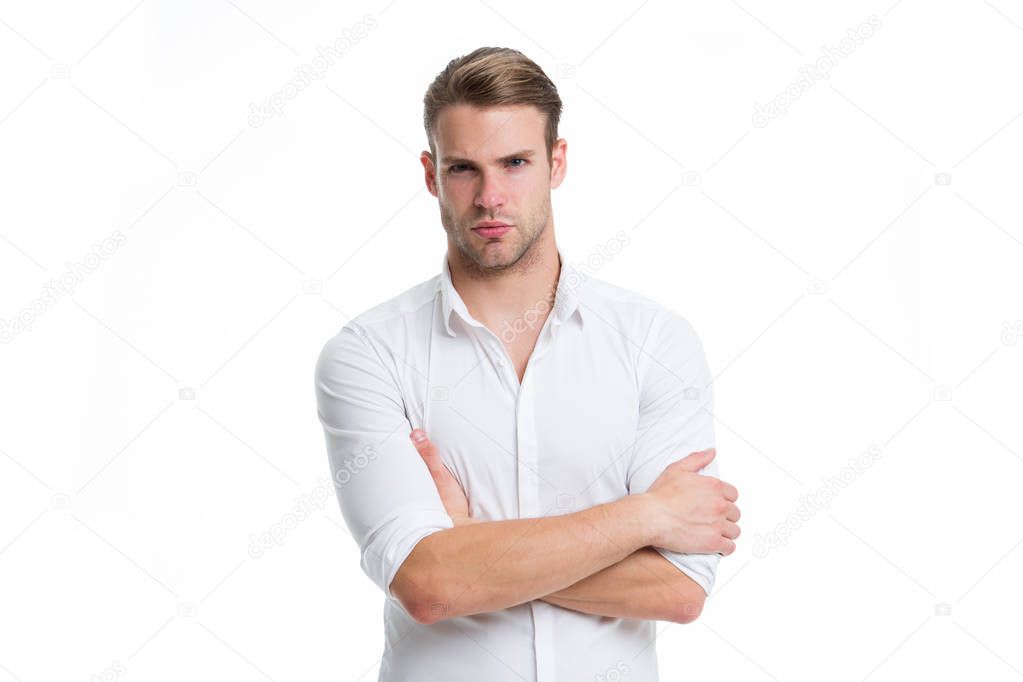 Young and confident. Man well groomed white elegant shirt isolated white background. Macho confident ready work office. Guy office worker handsome holds hands crossed. Office worker appearance
