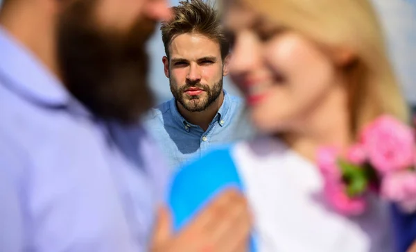 Couple romantic date lovers flirting. Lovers meeting outdoor flirt romance relations. Couple in love happy dating, jealous man watching woman prefers another macho instead him. Broken heart concept — Stock Photo, Image