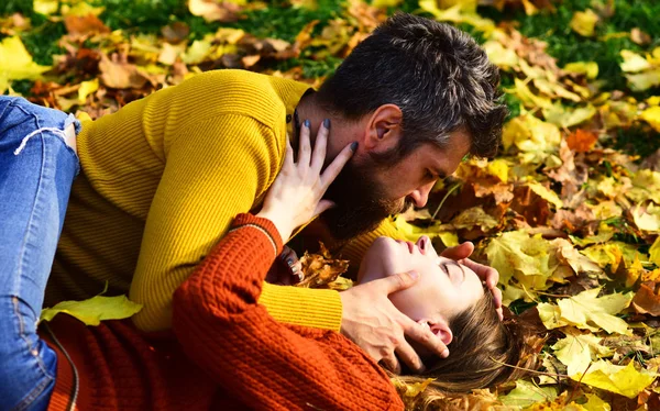 Girl and bearded guy or happy lovers on date cuddle — Stock Photo, Image