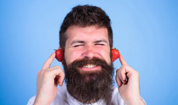 Conceito de sucesso de verão. Homem barbudo hipster vermelho maduro orelhas de morango como fones de ouvido. Hipster barba ouvir música fones de ouvido de morango. Música de playlist de verão. cara desfrutar suculento som verão hit música — Fotografia de Stock