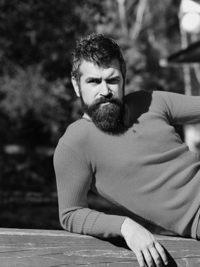 Sonbahar zaman ve güneşli hava kavramı. Adam kendinden emin yüz