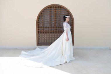 Peri masalı giysi. Şeyler yurtdışında düğün için göz önünde bulundurun. Gelin çok güzel beyaz düğün elbise güneşli gün mimari arka plan. Düğün töreni yabancı şehir. Tavsiye ve düğün yurtdışında uzmanlarından ipuçları