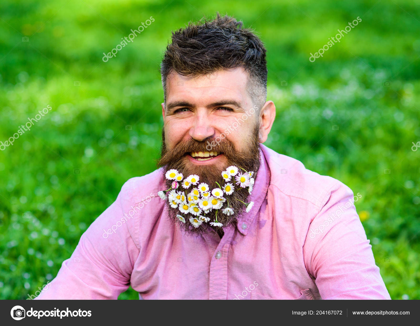 Man with beard on happy face enjoy life in ecologic environment. Eco  friendly lifestyle concept. Hipster with daisies looks happy. Bearded man  with daisy flowers in beard, grass background, defocused Stock Photo
