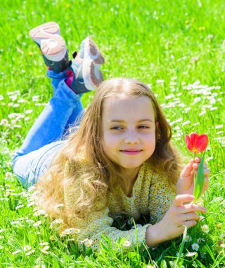 Uzun saç grassplot, çim arka plan yalan ile kız. Bahar ruh kavramı. Yüz gülümseyerek kıza kırmızı lale çiçek tutar. Çocuk çayır yalan bahar güneşli hava keyfini çıkarın