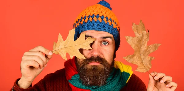 Guy with calm face wears warm hat on orange background