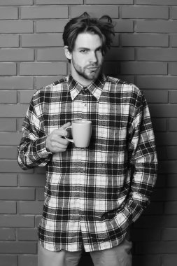 sportif sakallı yakışıklı siyah-beyaz kareli gömlek ciddi bir yüz dokulu tuğla duvar zemin üzerine mavi Kupası holding
