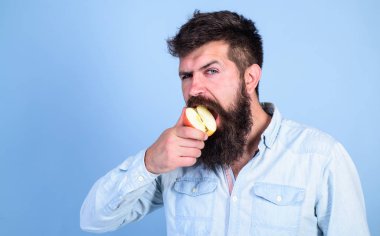 Adam diyet beslenme meyve yiyor. Sağlıklı beslenme kavramı. Adam yakışıklı hippi uzun sakal yeme apple ile. Hipster aç sulu olgun elma yiyor. Elma meyve sağlıklı snack her zaman iyi fikir seviyorum
