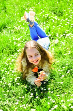 Çimen, grassplot arka plan üzerinde yatan kız. Çocuk çayır çiçeklerle yatarken bahar güneşli günü tadını çıkarın. Mevsimlik Anti kavramı. Kırmızı lale çiçek kız güler yüz tutan, aroma zevk