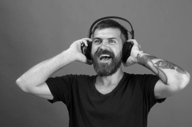 Sakallı DJ kulaklık takıyor. Sakin ol ve müzik konsepti. Sakal ve güler yüz ile şarkıcı