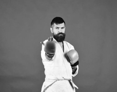 Savaş master provoke mücadele yaklaşım sorar. Yeşil zemin üzerine beyaz kimono içinde sakallı.