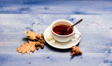 Çay kaşığı, şeker ve dekor ile tarçın görev yaptı. Siyah çay demlendi, kaşık ve mavi ahşap zemin üzerine düşen sonbahar yaprakları kupa dolu. İçki ve meşe palamudu ve meşe yaprağı. Sonbahar içecek konsepti