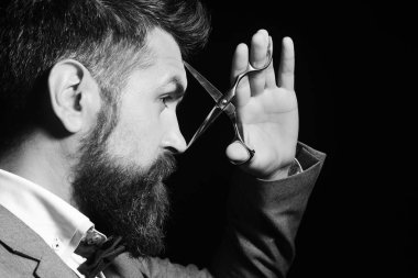 Uzun sakallı çelik makas tutar. İş ve berber hizmet anlayışı. Maço resmi elbiseli