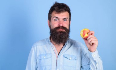 Uzun Sakal yeme elma ile elma adam yakışıklı hipster seviyorum. Hipster aç ısırıkları olgun elma tadını çıkarın. Adam diyet beslenme meyve yiyor. Sağlıklı beslenme kavramı. Her zaman iyi bir fikir meyve sağlıklı snack