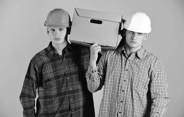 Men with grumpy faces hold cardboard box on pink background. Delivery, warehouse and packaging concept. Siblings with carton box
