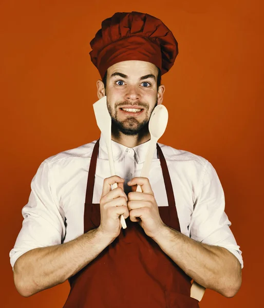 Cook Works Kitchen Food Preparation Concept Chef Happy Face Holds — Stock Photo, Image