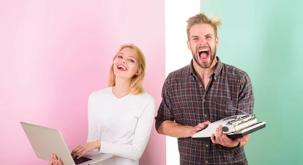 Take advantage of technology. Woman with modern laptop and man with old retro typewriter. Modern people need digital devices. You definitely need modern device instead outdated. In step with times — Stock Photo, Image