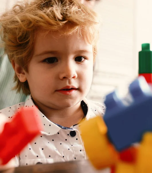 Kid with toys on light background builds out of blocks