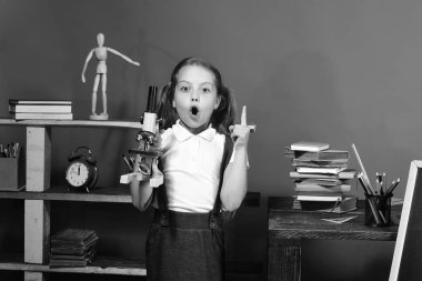 Hevesli yüz ve onun sınıfta ponytails ile kız öğrenci. Kırmızı duvar arka plan üzerinde çocuk ve okul malzemeleri