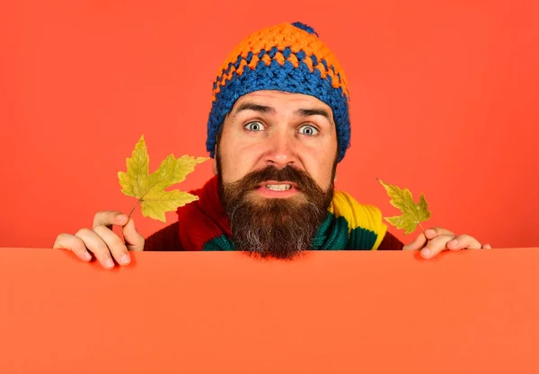 Hipster med skägg och missnöjda ansikte bär varma kläder — Stockfoto