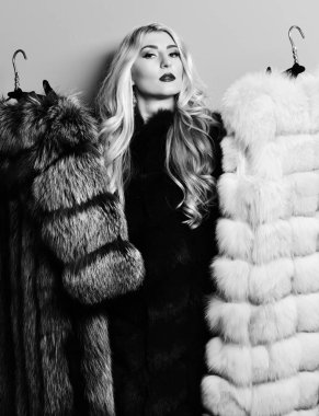 Holding ve diğer gri ve bej kürk moda seksi kadın mavi stüdyo arka plan üzerinde gösterilen