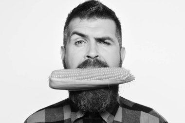 Adam onun hasat gösterir. Tarım ve sonbahar bitkileri kavramı. Çiftçi ile karışık yüz