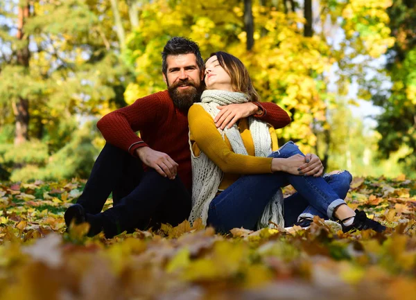 Pareja enamorada de bufandas se sienta en hojas en el parque — Foto de Stock