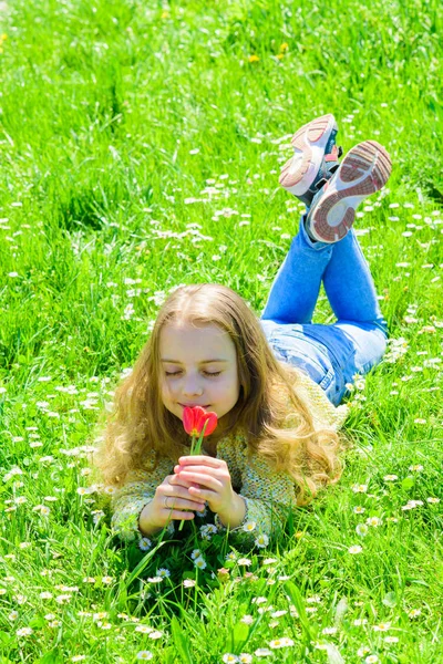 草地、草背景に横になっている長い髪を持つ少女。子供は、草原に横たわっている間チューリップの香りをお楽しみください。穏やかな顔の女の子は、日当たりの良い春の日に赤いチューリップの花を保持しています。春気分のコンセプト — ストック写真