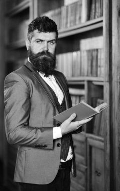 Olgun adam kendinden emin yüz ve uzun sakal. Güven, başarı, eğitim, araştırma, edebiyat kavramı.