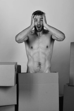 Adam sarı zemin üzerine seksi gövde ile. Maço kıl ve şok yüz tutan eller ile baş ile