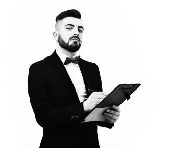 İş yaşam tarzı ve kariyer kavramı. Sakal veya emin Ceo ile işadamı kalem ve organizatör tutar