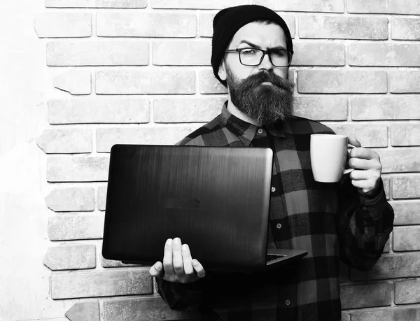 Bearded man, long beard. Brutal caucasian serious unshaven hipster holding laptop with mag or cup in red black checkered shirt with hat and glasses on beige brick wall studio background