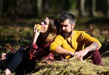 İlişki ve sonbahar zaman kavramı. Kız ve sakallı adam ya da sevgili bir tarihte kuru ot yeme apple üzerinde oturmak. Erkek ve kadın ile doğa arka plan üzerinde ciddi yüzler. Aşık çift zaman parkta geçirir..
