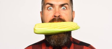 Çiftçi ağzına sarı Mısır ile şok yüzle. Geniş açık gözlü çocuk onun mısır hasat gösterir