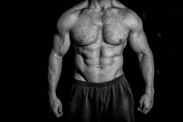 Muskelkonzept. Muskel-Oberkörper. Oberkörper mit Sixpack und Bauchmuskel. Muskelfabrik, schwarz und weiß — Stockfoto