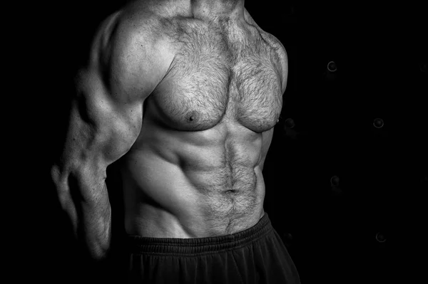 Concepto Abs. Torso con seis abdominales. Ejercicio abdominales. Ejercicio abdominales, espacio para copiar, blanco y negro — Foto de Stock