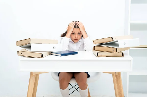 Work concept. Little child stressed with paper work. School girl overloaded with file work. That is too much work for me — Stock Photo, Image