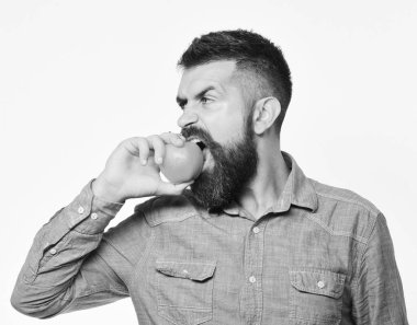 Sakallı adam beyaz arka plan üzerinde izole kırmızı meyve tutar. Çiftçi aç yüzü ile elma yiyor. Adam homegrown hasat sunar.