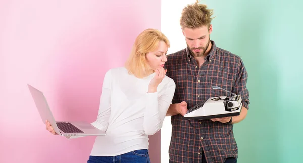 Modern people need digital devices. Take advantage of technology. You definitely need modern device instead outdated. In step with times. Woman with modern laptop and man with old retro typewriter