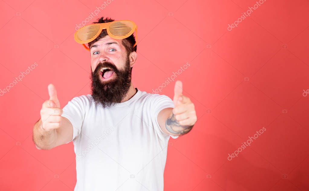 Summer party accessory. Summer accessory concept. Sunglasses summer attribute and stylish accessory. Hipster wears shutter shades sunglasses. Man bearded hipster wears giant louvered sunglasses