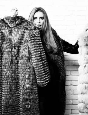 kürk ceket beyaz tuğla duvar studio arka plan üzerinde Holding gri ve bej. kürk sürpriz moda kadın