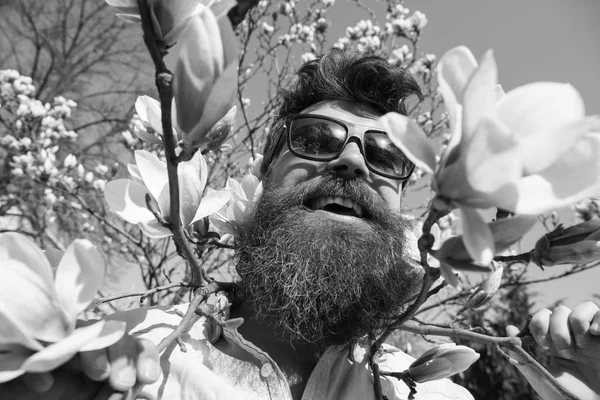 Concept de brutalité et de tendresse. Homme à la barbe et à la moustache porte des lunettes de soleil, fond de fleurs magnolia. Brutal macho souriant près des fleurs tendres par une journée ensoleillée. Hipster avec des lunettes de soleil à la mode . — Photo