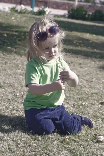 Piccolo bambino con adorabile viso su erba verde — Foto Stock