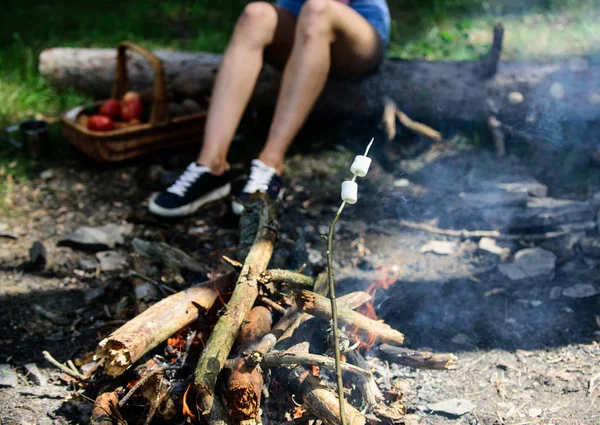 Camp tradition. Marshmallows on stick with bonfire and smoke on background. Holding marshmallow on stick. Roasty, toasty marshmallows such quintessential taste of picnic. How to roast marshmallows — Stock Photo, Image