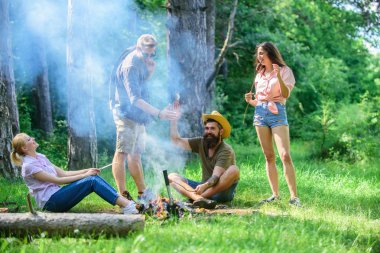 Yaz piknik katılın. Şirket sosis sopa üzerinde kavurma eğleniyor. Büyük piknik için toplama. Şenlik ateşi takılmak ve hazırlamak için toplantı arkadaşlar sosis aperatifler doğa arka plan kavrulmuş