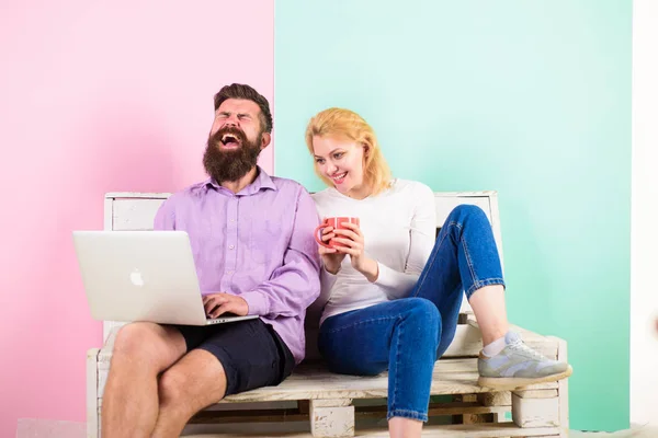 Family happy enjoy funny video film and laugh. Family spend leisure together. Couple choosing comedy movie. Couple with laptop going to watch movie. Couple cheerful smiling faces like comedy movie — Stock Photo, Image